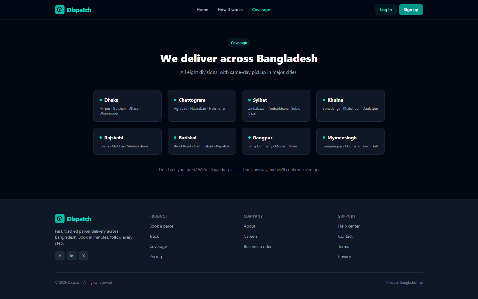 Coverage page listing delivery areas in all eight divisions of Bangladesh