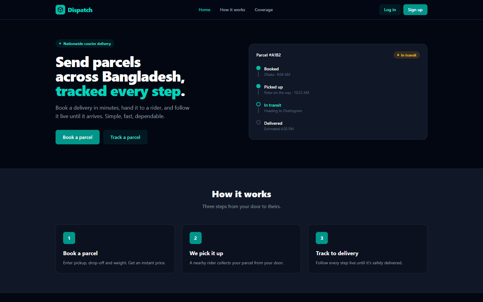 Dispatch landing page with a parcel tracking timeline from booked to delivered