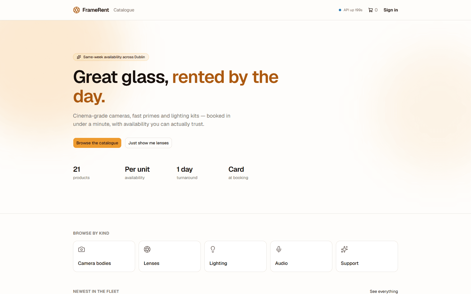FrameRent landing page: great glass, rented by the day