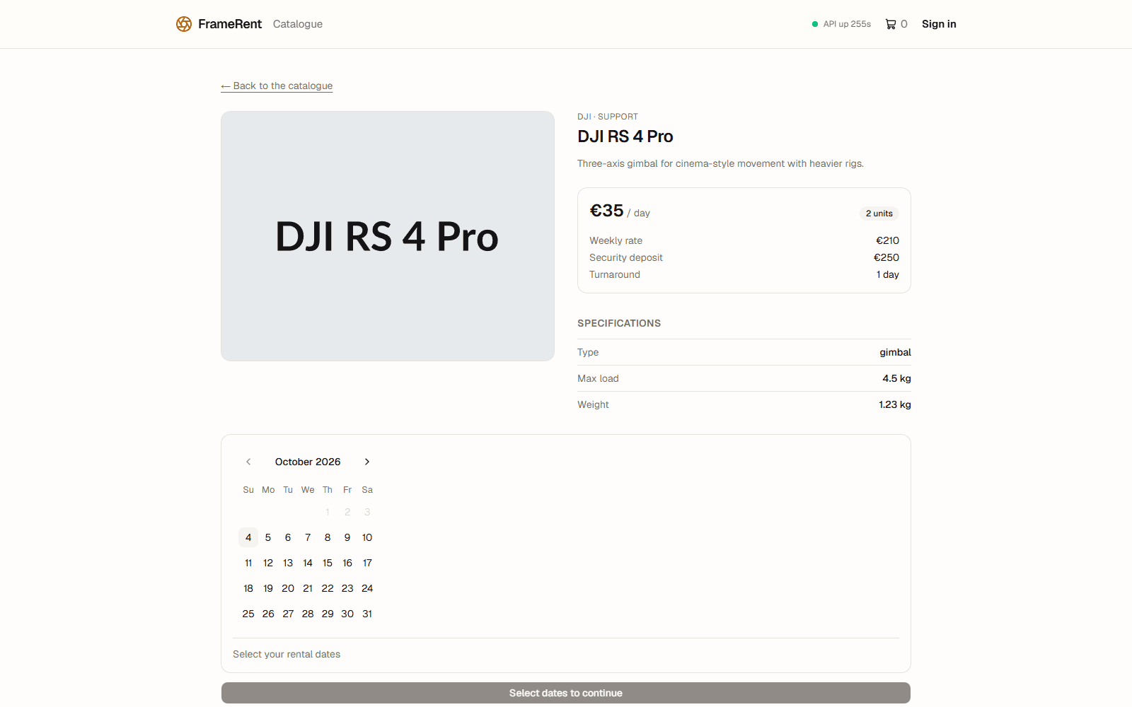 Product page for a DJI RS 4 Pro with daily and weekly rates, deposit and a rental date calendar