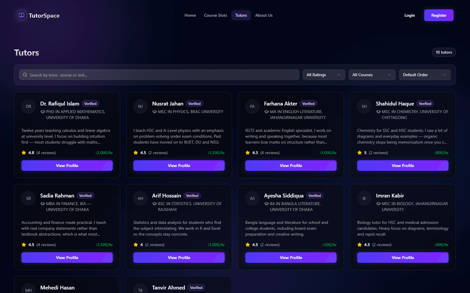 Tutor list with search, rating and course filters, verified badges and hourly prices in taka